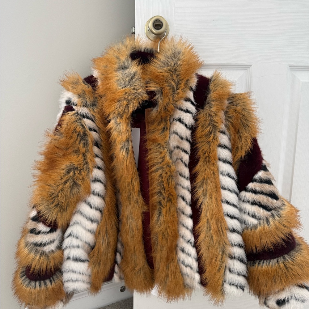 AKIRA Azalea Wang Faux Fur Jacket with Brown and Burgundy Accents